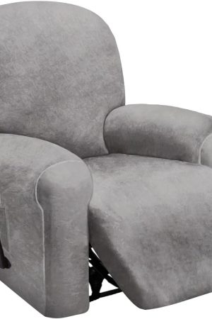 4-Piece, 1 Seat Recliner Cover, Velvet Stretch Reclining Chair Covers for 1 Cushion Reclining Sofa, Single Seat Recliner Couch Cover, Thick, Very Soft, Machine Washable (Light Grey)