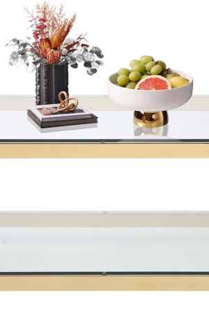 48" Rectangle Gold Coffee Tables for Living Room, 2-Tier Tempered Glass Top Coffee Table with Storage & Stylish Stainless Steel Frame, Modern Cocktail Center Table for Small Space Office