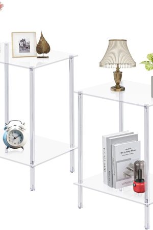 Acrylic Glass Side Tables with 2 Shelve End Table Bedside Set of 2, simplicity Nightstands for small Spaces, 2-Tier Tempered Glass for Office Bedroom Living Room Study Outdoor Transparent