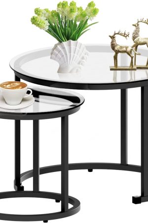 Black Nesting Coffee Glass Table Set of 2, Metal Freme Side End Tables for Living Room Bedroom for Apartment Small Place Modern Industrial Simple, 23.6D x 23.6W x 17.7H in
