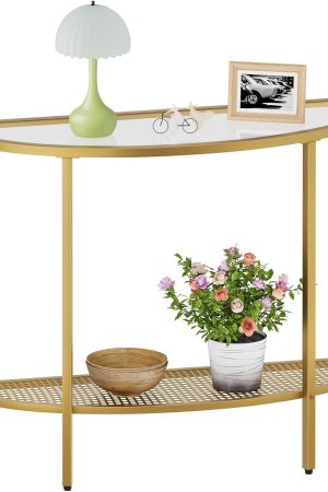 Glass Half Moon Console Table 2 Tier Narrow Entryway Table with Gold Metal Frames, Modern Couch Table Small Entry Way Tables, Easy Assembly, Clear Glass Gold Frames