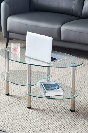 Oval-Shaped Glass Tea Table for Office, 3-Tier Modern Coffee Table, End Table for Living Room (Clear)