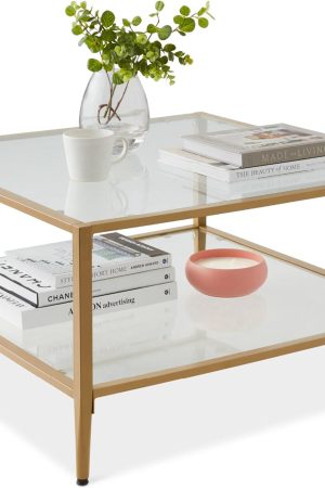 32” Square Glass Coffee Table, Large 2-Tier Accent  for Living Room, Bedroom w/Metal Frame, Glass Shelves - Gold