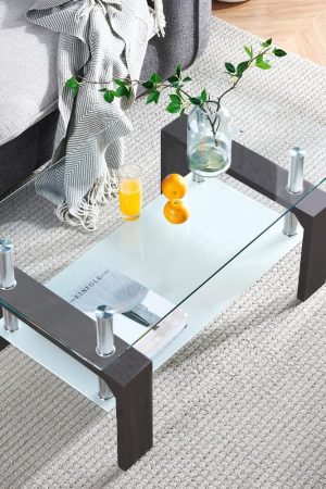 Walnut Rectangular Coffee Table, 39.5in x 23.5in x 17.5in, Glass Tabletop with Lower Shelf, Adjustable Bottom Corners