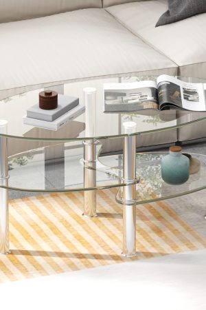 Glass Coffee Table, 3-Tier Sofa Side Table with Metal Tube Legs and Open Shelves, Modern Oval Coffee End Table for Living Room Office (Transparent)