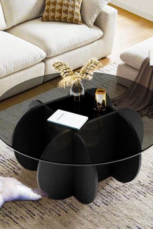 Coffee Table,31.5"Round Glass Coffee Table for Living Room Mid Century Modern Coffee Table Unique Circle Center Table with Wood Base Rustic Accent Center Cocktail Table for Home Small Space（black）