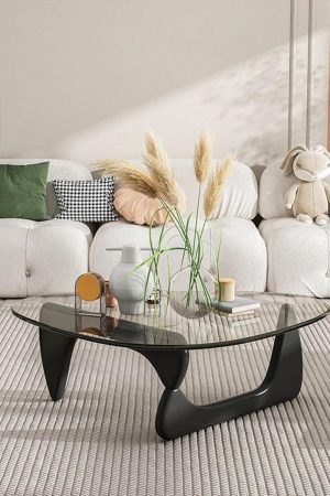 Triangle Coffee Table in Walnut Mid Century Modern Solid Wood Base and Triangle Clear Glass Coffee Table for Living Room Low Minimalist Tea Table Coffee Tables (32.3 * 22.4 * 16, Black Transparent)