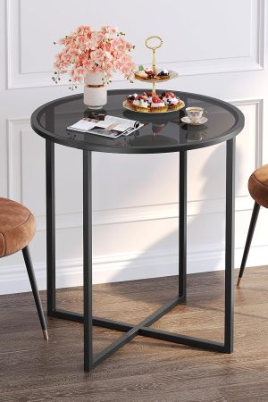 Round Dining Table Small Kitchen Table Black Glass Dining Table 26.7'' Multifuntional Modern Dining Room Table for 2 Space Saving Kitchen Table,Easy Assembly, All Black