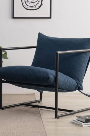 Sling Accent Chair, Metal Framed Armchair with Shredded Foam Cushioning, Navy