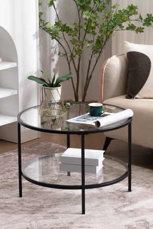25.6" Round Black Coffee Tables for Living Room, 2-Tier Glass Top Coffee Table with Storage Clear Coffee, Simple & Modern Center Table for Small Space