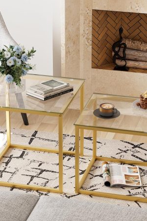 Coffee Table Set of 2, Modern Gold Glass Side Table, Metal Frame Square End Table, Center Tables Nesting Coffee Table for Living Room,Bedroom and Small Spaces