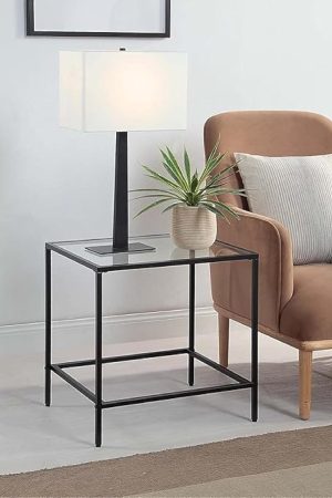 22" W Black End Table, Tempered Glass Rectangle Side Table, Night Stand, Modern Minimalist Table, 21.97"L x 18"W x 22"H