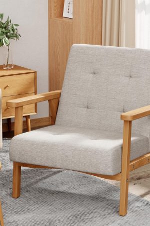 Mid Century Accent Chair for Living Room, Upholstered Modern Wood Frame Armchair Slipper Club Lounge Chair Guest Reception Couch Comfy Single Sofa for Bedroom-Grey