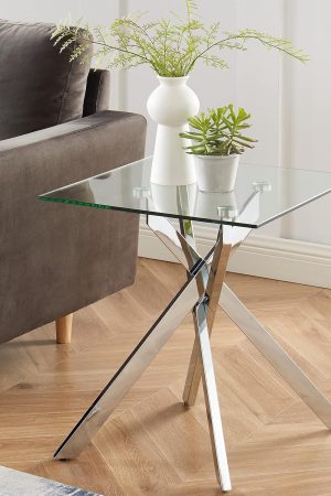 Modern Style Square Side Table with Tempered Glass Top and Metal Tubular Legs, Silver 20”Dx20”Wx22”H